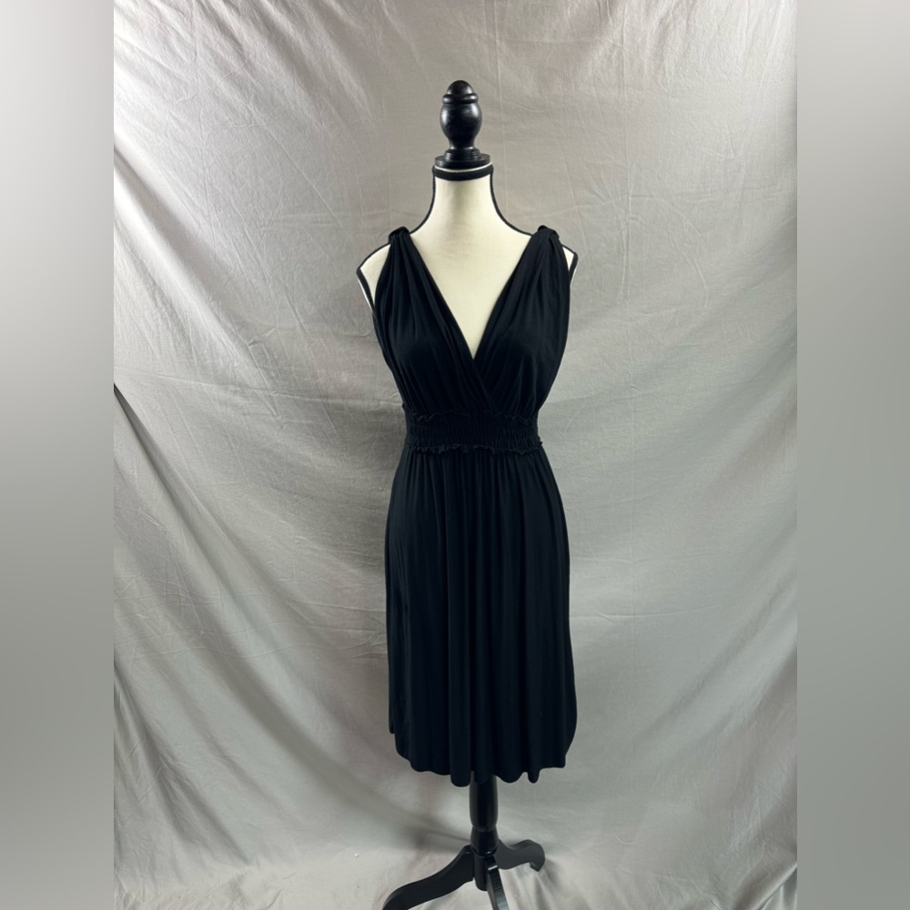 Low Cut Front And Back Shirred Waist A-Line Dress Black